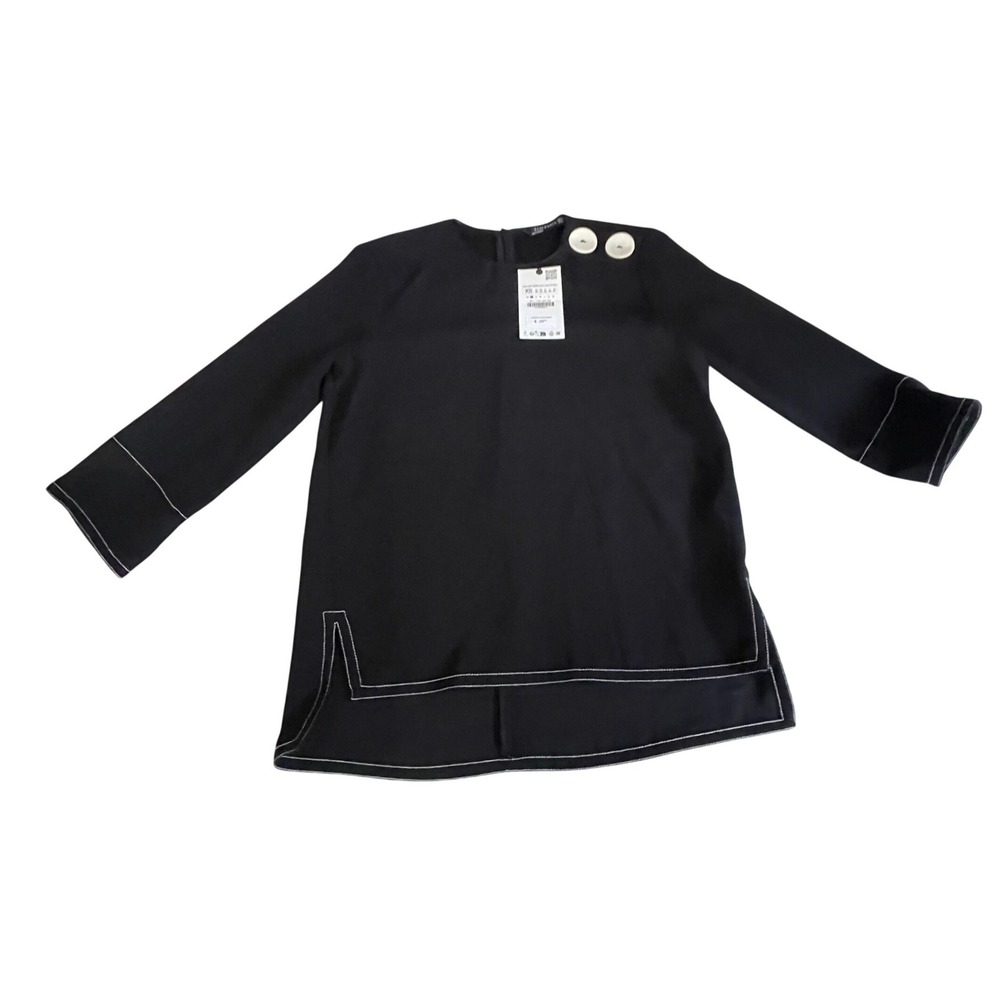 Zara Woman Black Tunic Top XS Contrast Stitching Button Shoulder 2254/888/800